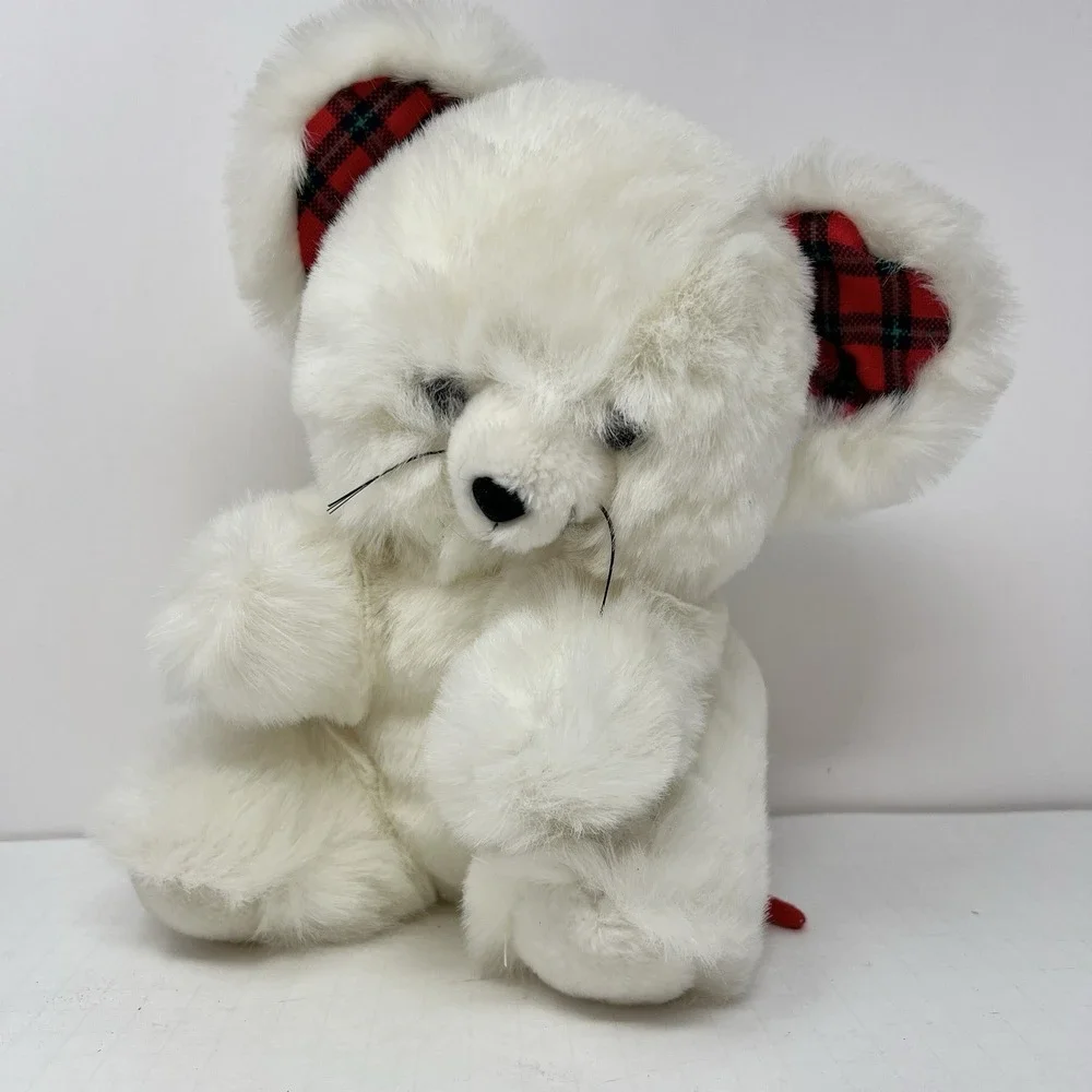 1991 White Mouse Plush 10 Inch Stuffed Animal Plaid Ears‎ World of Smile